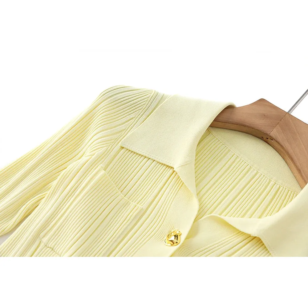 Pre Order:  Fresh Yellow Knit Pleated Cardigan   Skirt Set