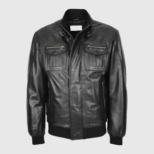 Premium Quality Mens Leather Bomber Flight Jacket Tom Black