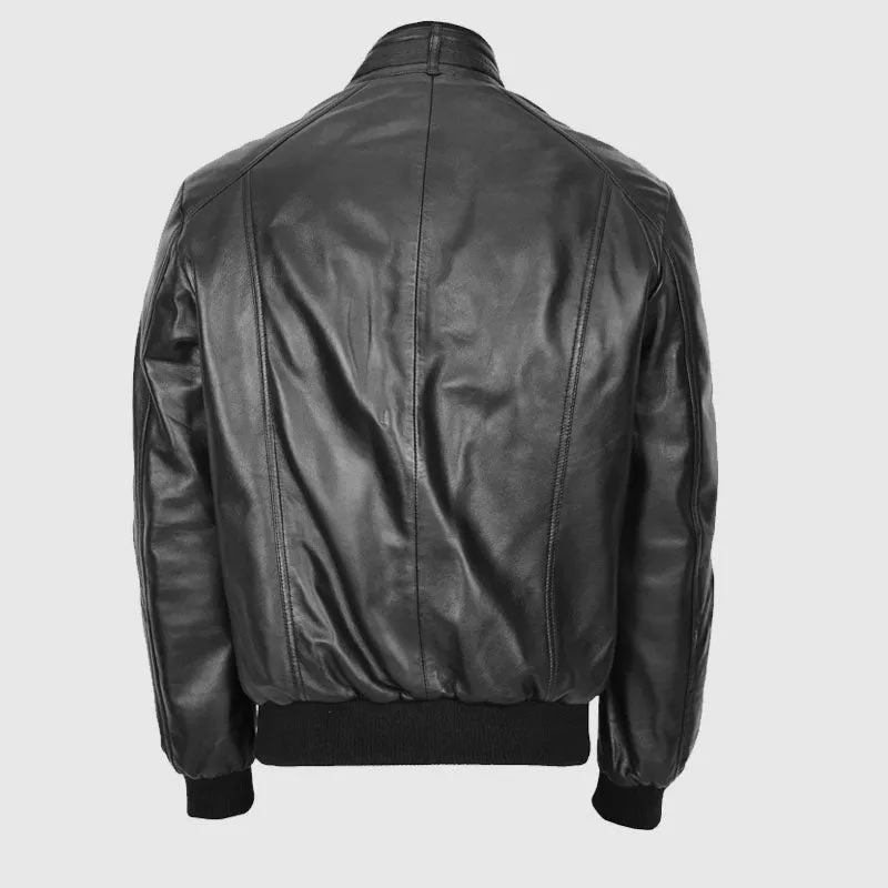 Premium Quality Mens Leather Bomber Flight Jacket Tom Black