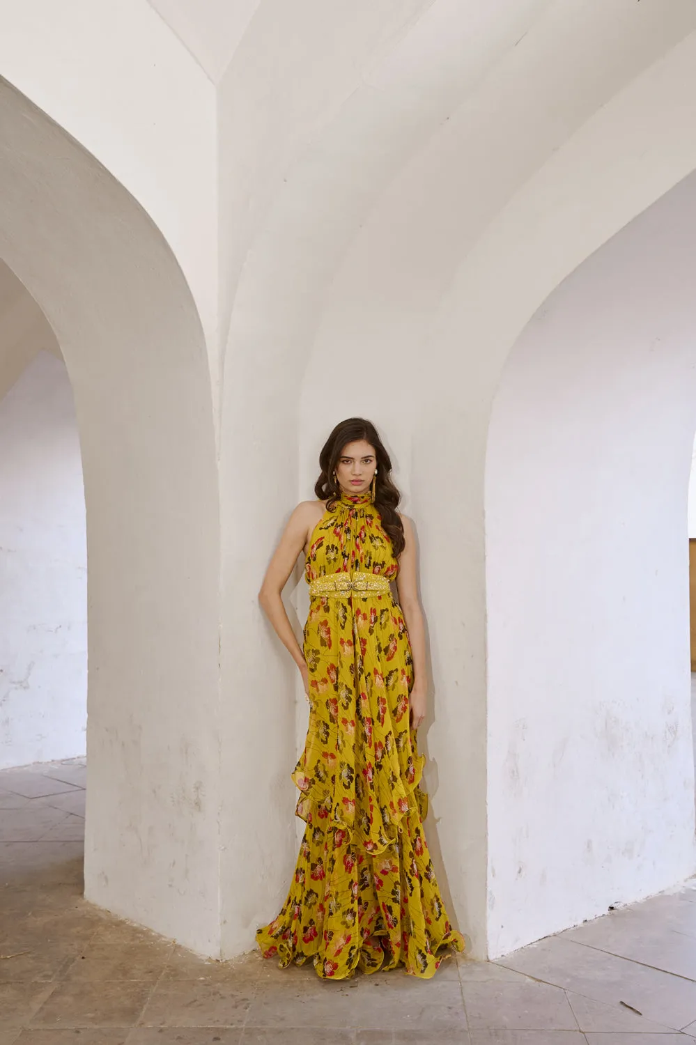 Printed Halter Maxi With Embroiderd Belt Set.