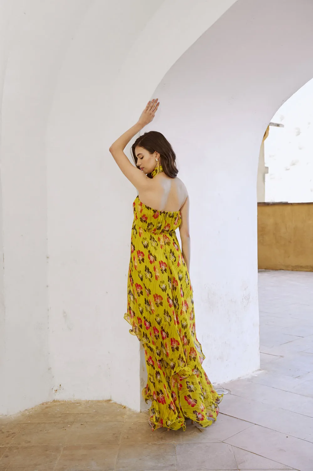 Printed Halter Maxi With Embroiderd Belt Set.