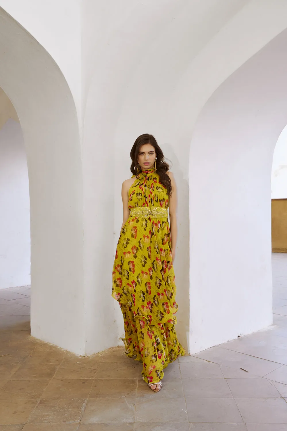 Printed Halter Maxi With Embroiderd Belt Set.