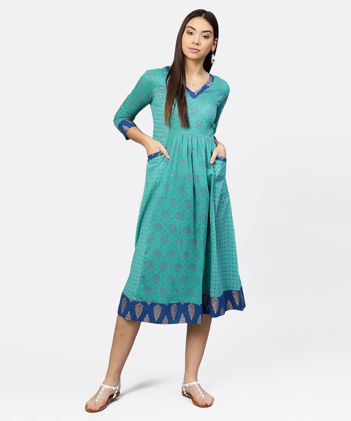 Printed V-Neck Panelled With Patch Pockets And 3/4Th Sleeved Maxi Dress