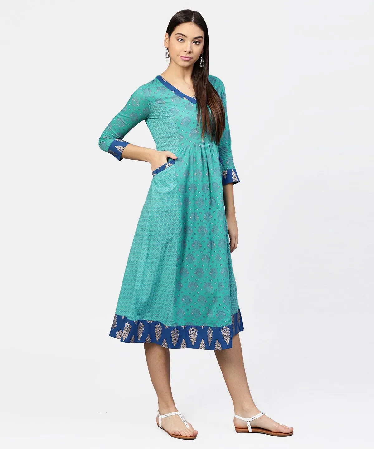 Printed V-Neck Panelled With Patch Pockets And 3/4Th Sleeved Maxi Dress