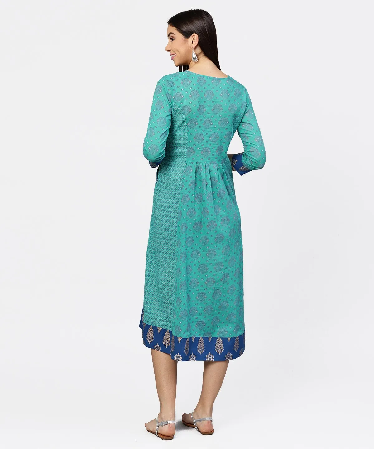 Printed V-Neck Panelled With Patch Pockets And 3/4Th Sleeved Maxi Dress