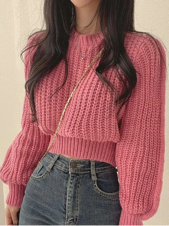 Puff Sleeve Plain Crop Sweater