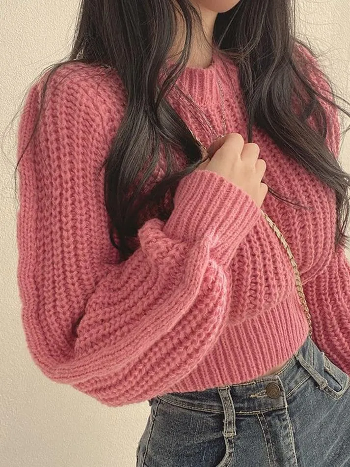 Puff Sleeve Plain Crop Sweater