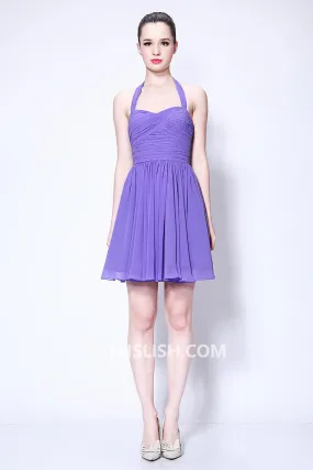 Purple Halter Shirred Backless Short Dress Homecoming Dress