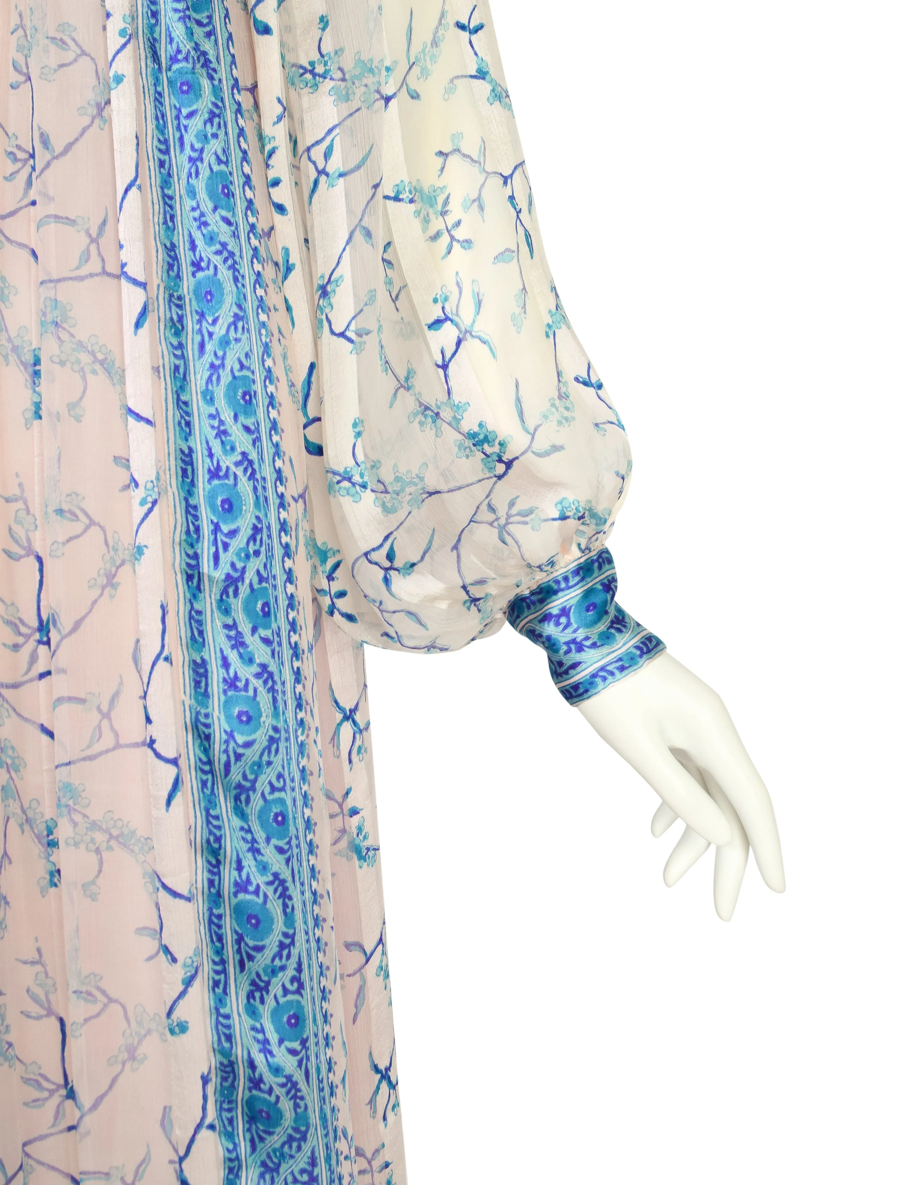 Raksha of Hindimp London Vintage 1970s Indian White Blue Floral Tissue Silk Maxi Dress