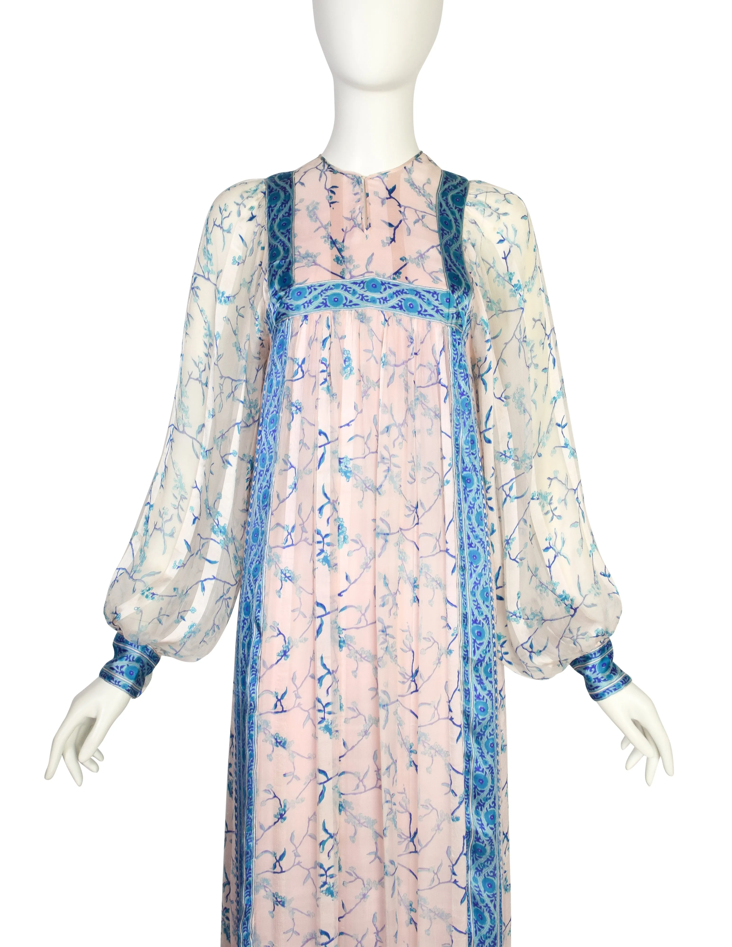 Raksha of Hindimp London Vintage 1970s Indian White Blue Floral Tissue Silk Maxi Dress