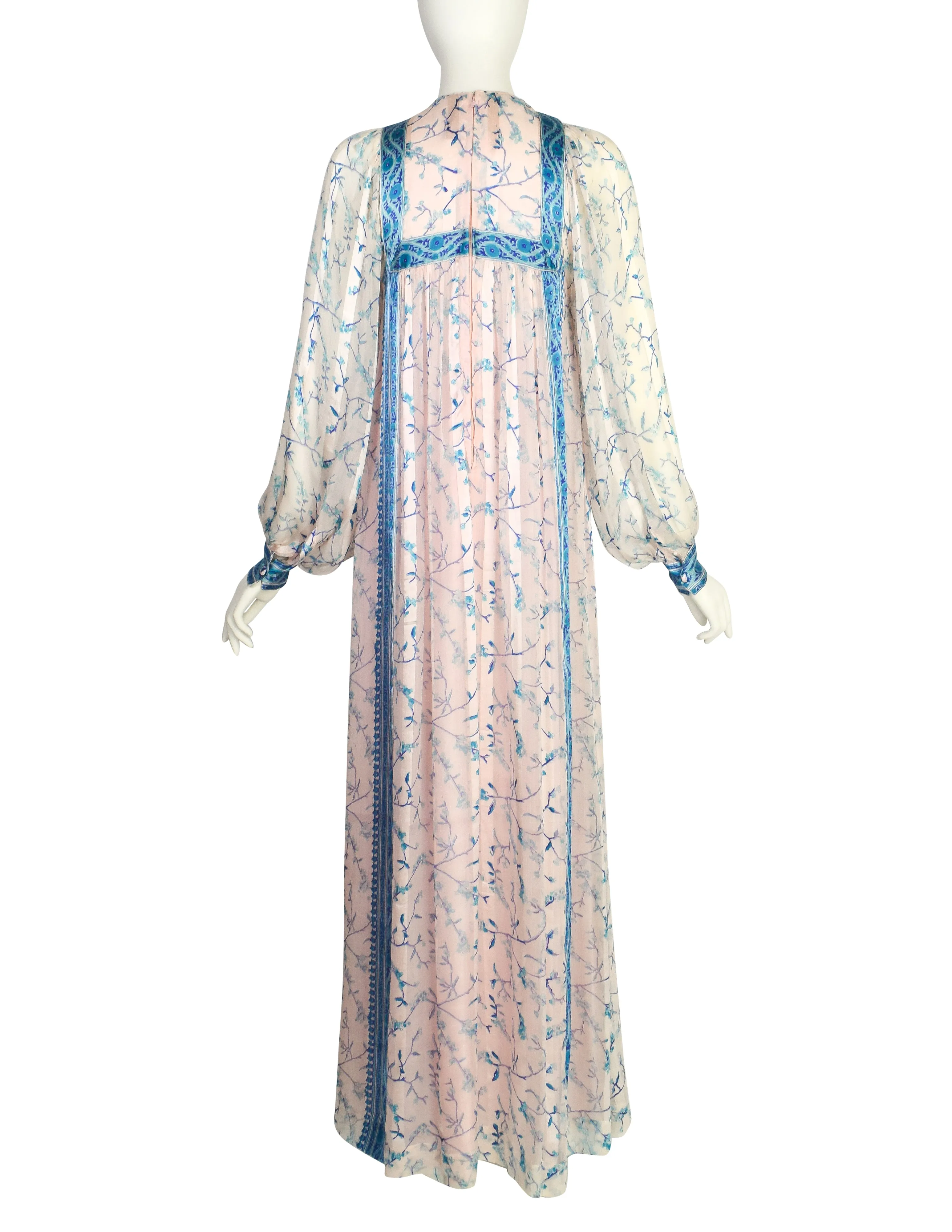 Raksha of Hindimp London Vintage 1970s Indian White Blue Floral Tissue Silk Maxi Dress