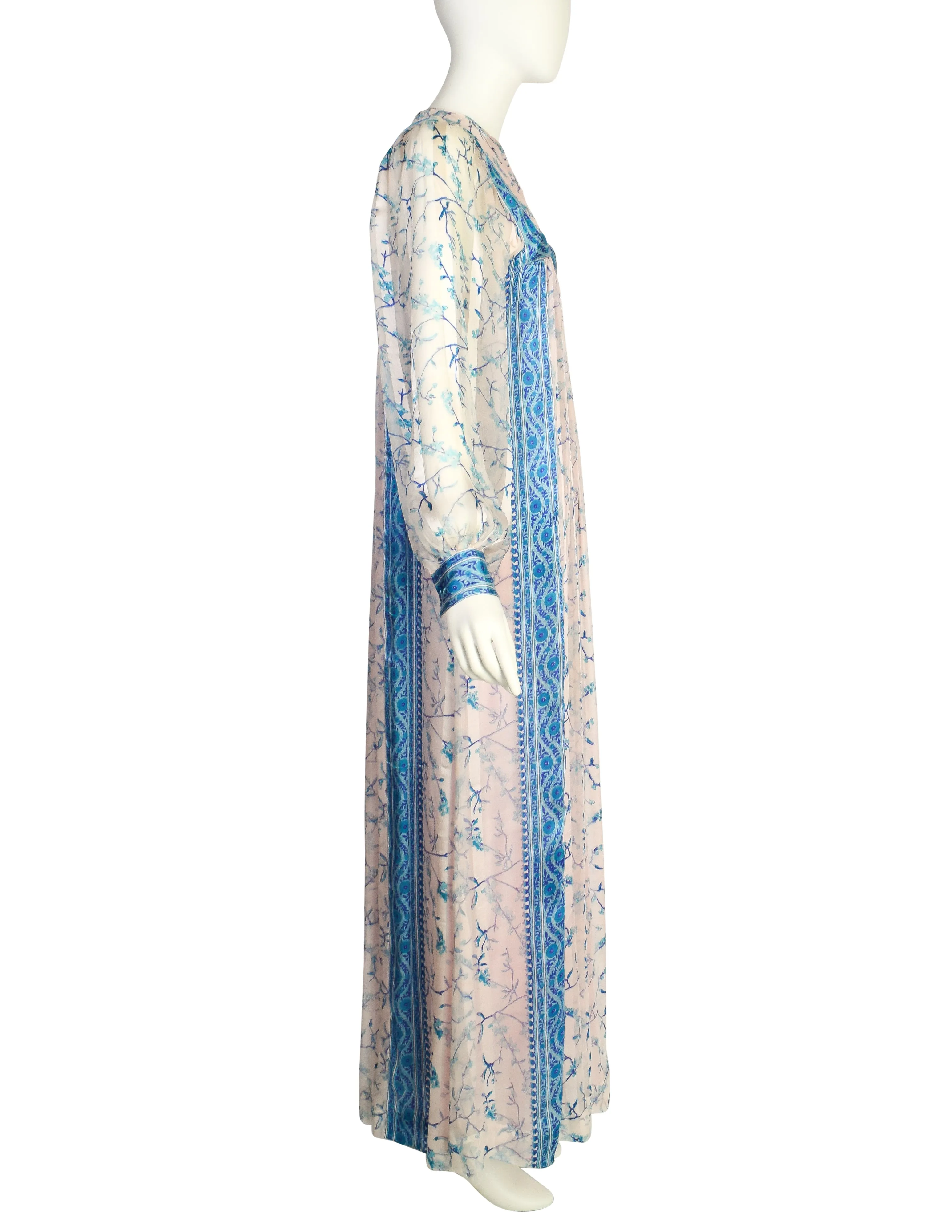 Raksha of Hindimp London Vintage 1970s Indian White Blue Floral Tissue Silk Maxi Dress