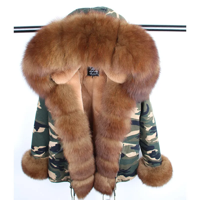 Real Fox Fur Collar and Hood Faux Fur Lining Coat