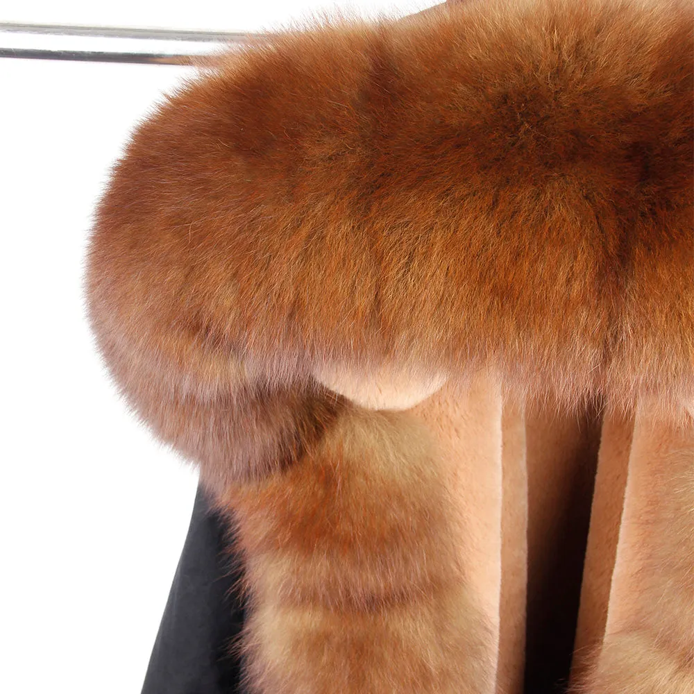 Real Fox Fur Collar and Hood Faux Fur Lining Coat