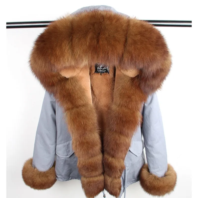 Real Fox Fur Collar and Hood Faux Fur Lining Coat