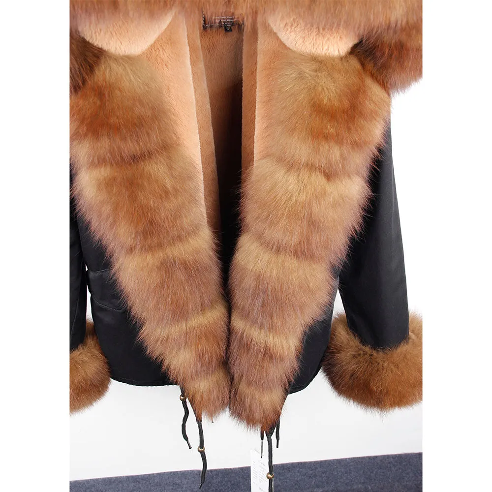 Real Fox Fur Collar and Hood Faux Fur Lining Coat