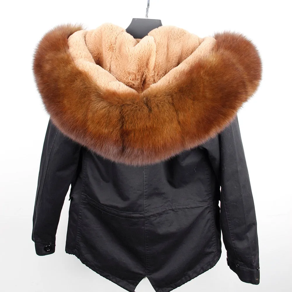 Real Fox Fur Collar and Hood Faux Fur Lining Coat