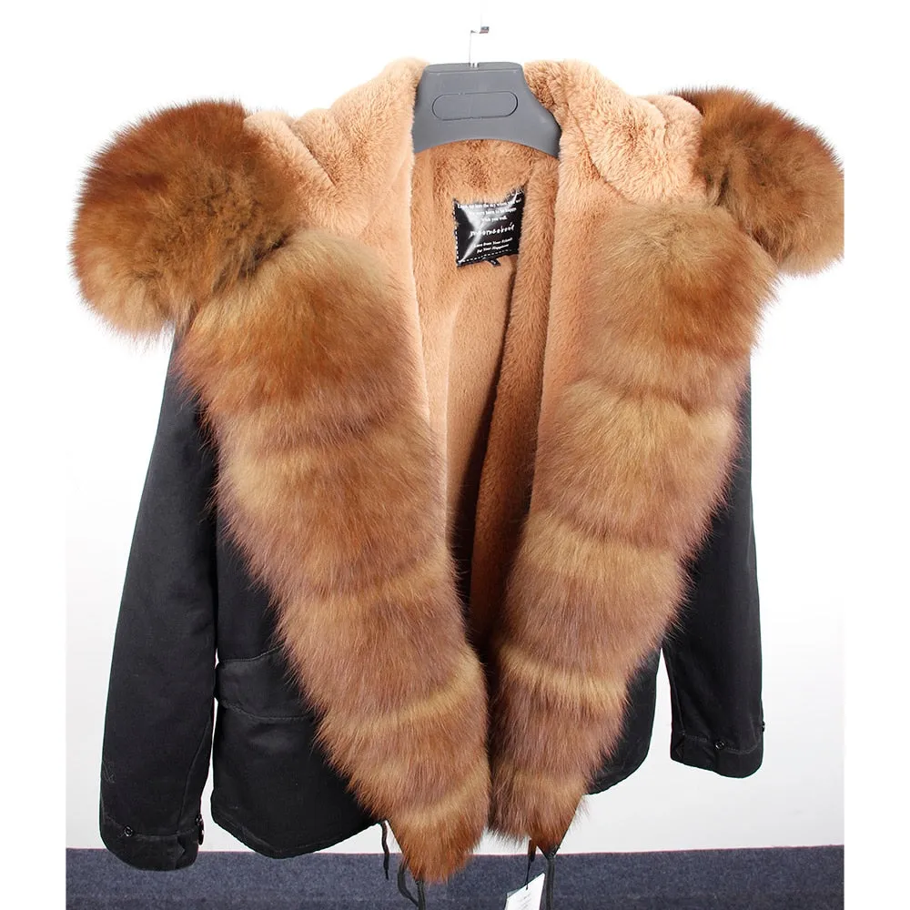 Real Fox Fur Collar and Hood Faux Fur Lining Coat