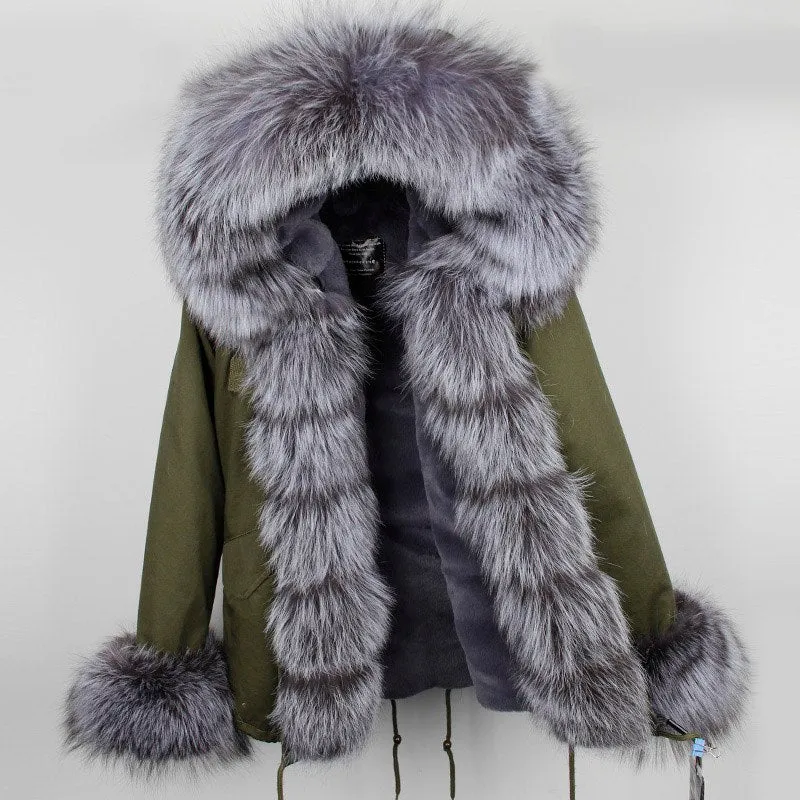 Real Fox Fur Collar and Hood Faux Fur Lining Coat