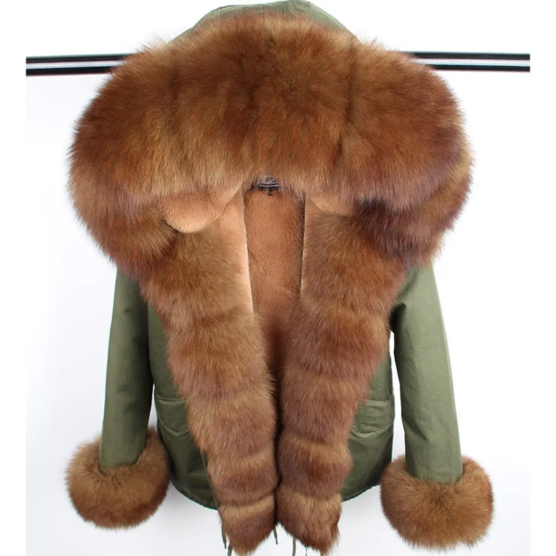 Real Fox Fur Collar and Hood Faux Fur Lining Coat