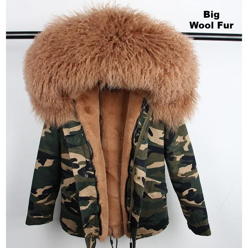 Real Fox Fur Collar and Hood Faux Fur Lining Coat