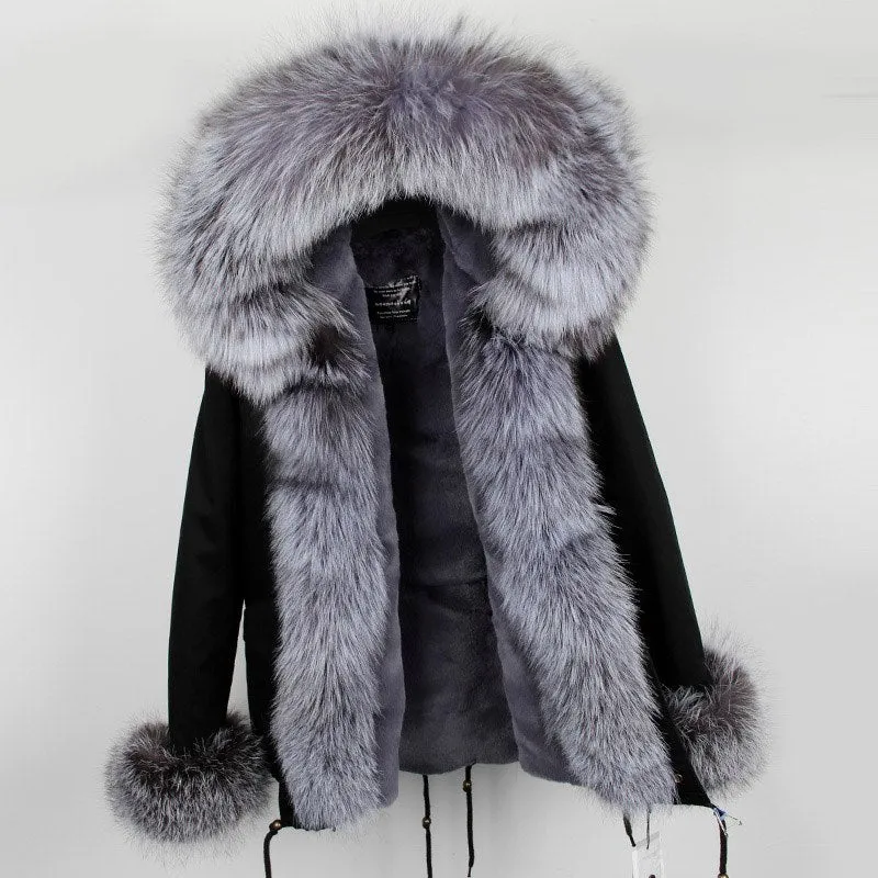 Real Fox Fur Collar and Hood Faux Fur Lining Coat