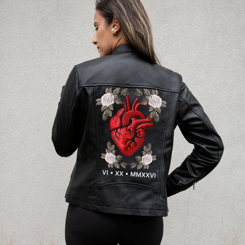 (Real Leather) Embroidered Heart Leather Jacket