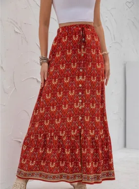 Red floral print maxi skirt