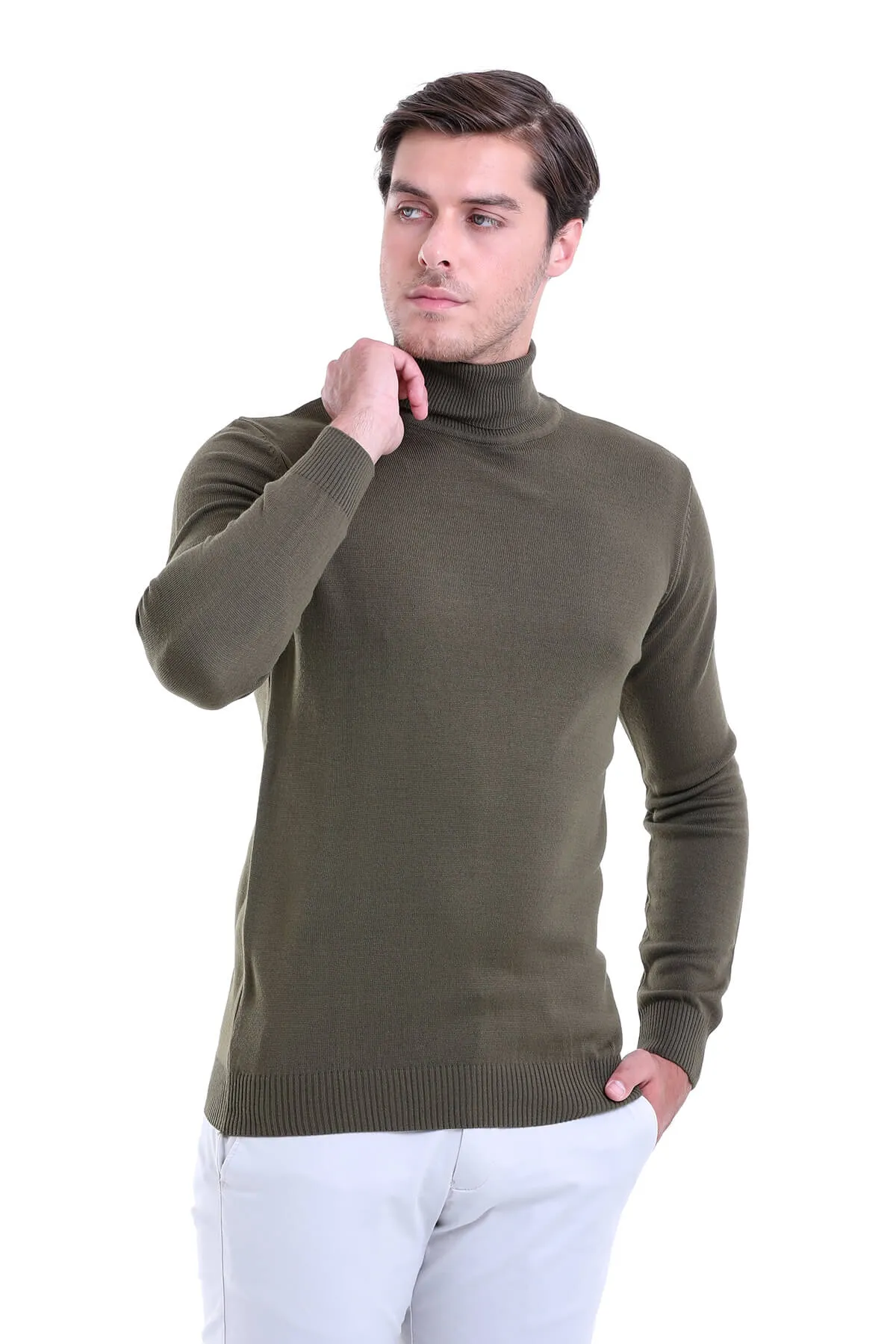 Regular Fit Basic Plain Khaki Turtleneck Sweater