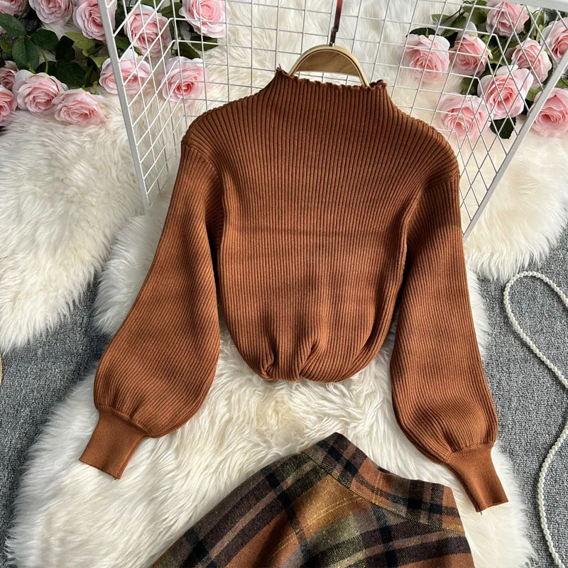 Ribbed Women Tops & Plaid Skirt Set