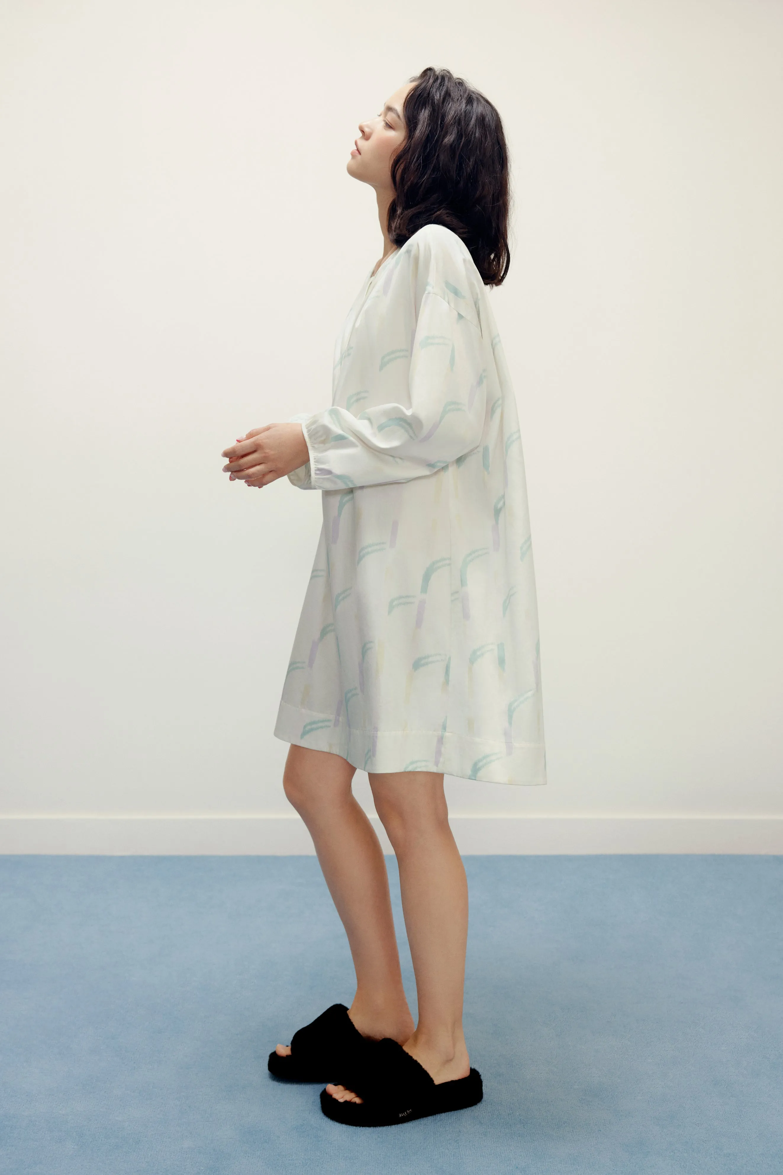 Ruched Collarless Pajama Dress