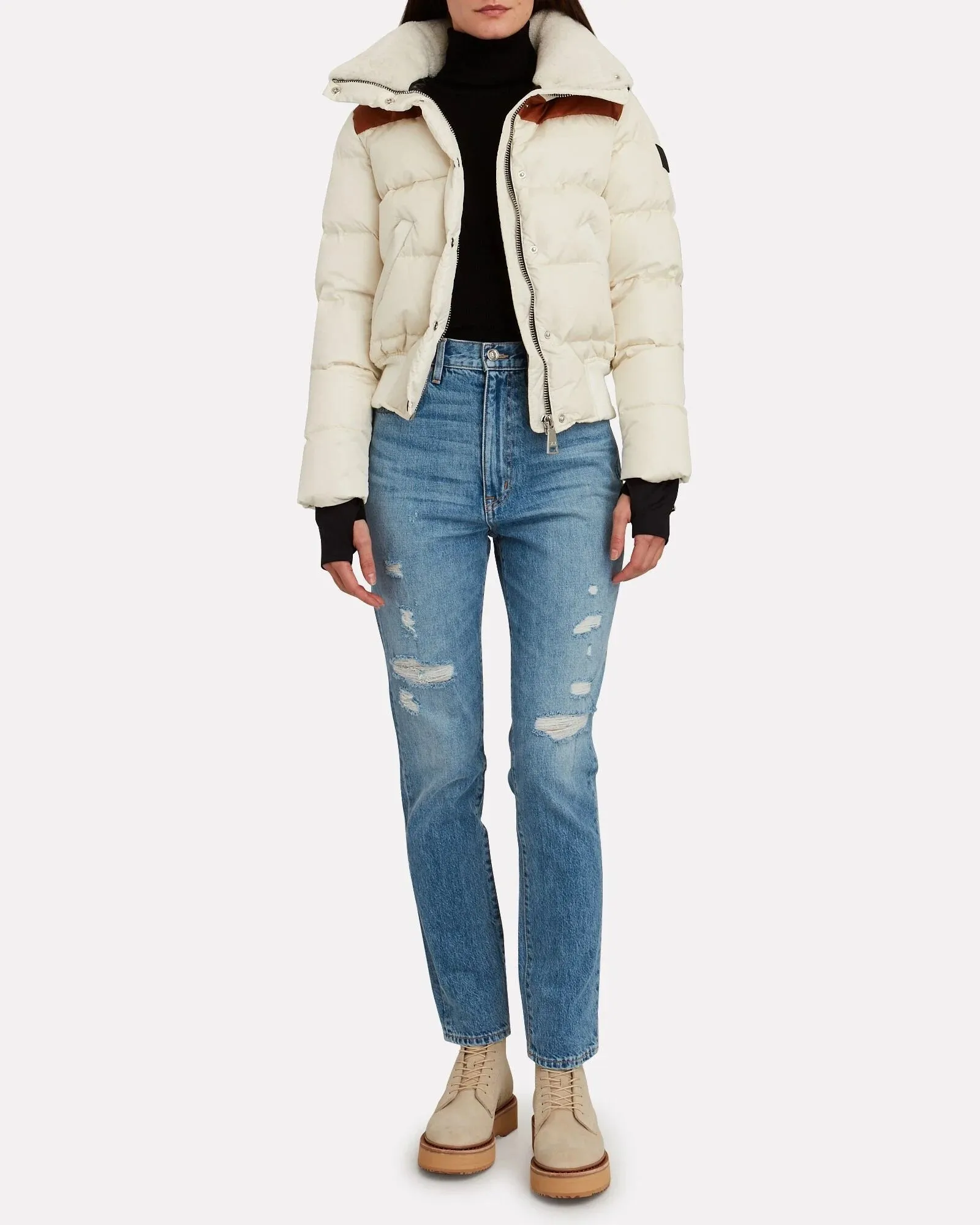 SAM - Sawyer Puffer Jacket in White Cream with Saddle Leather Trim