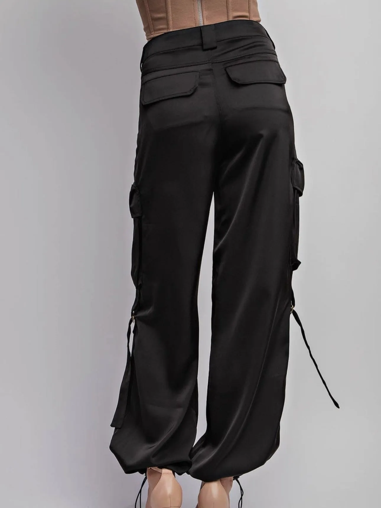 Satin Cargo Pants with Drawstring Hem | Black