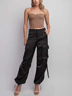 Satin Cargo Pants with Drawstring Hem | Black