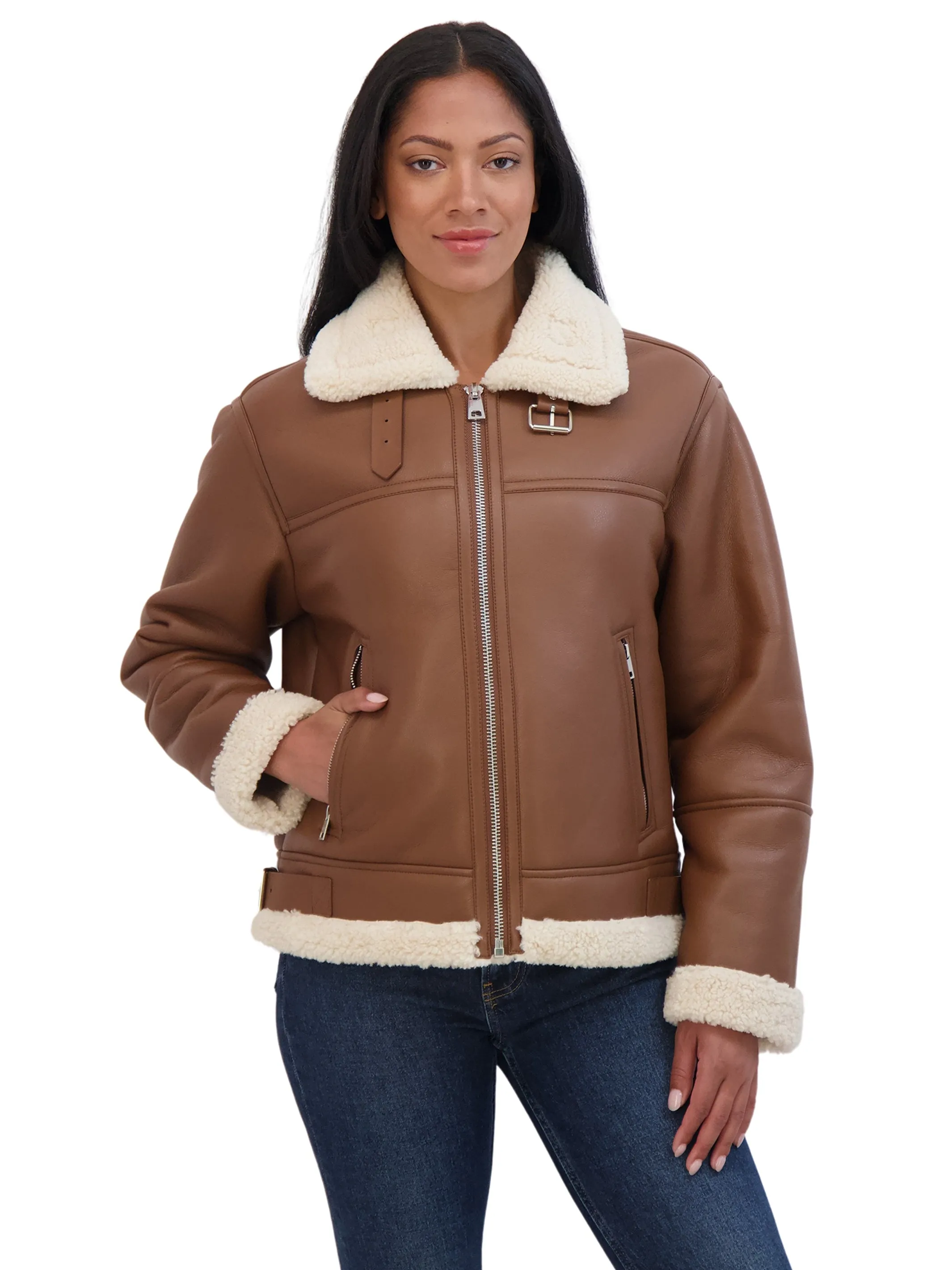 Sebby Collection Women's Zip Front Faux Leather Shearling Jacket