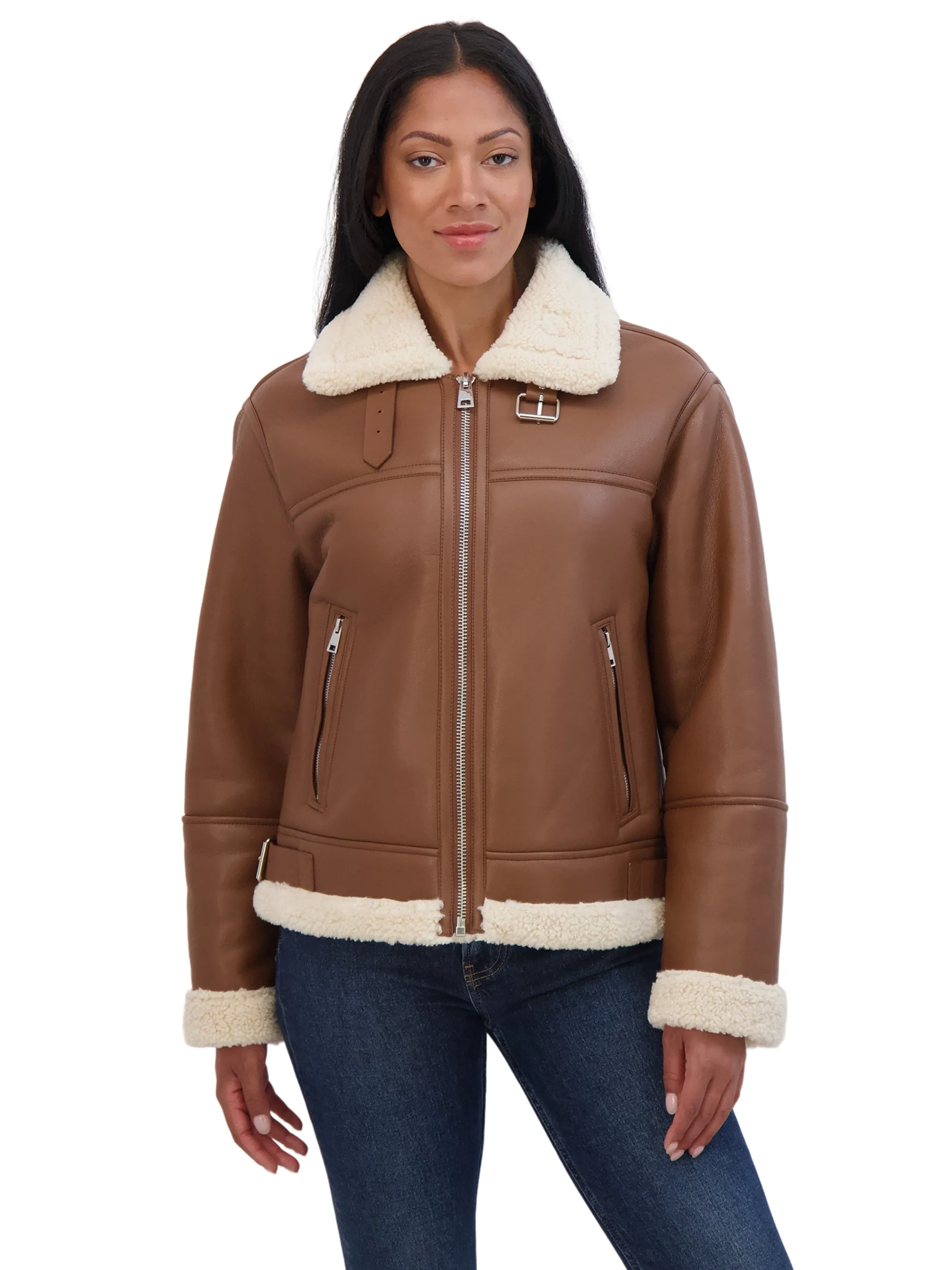 Sebby Collection Women's Zip Front Faux Leather Shearling Jacket