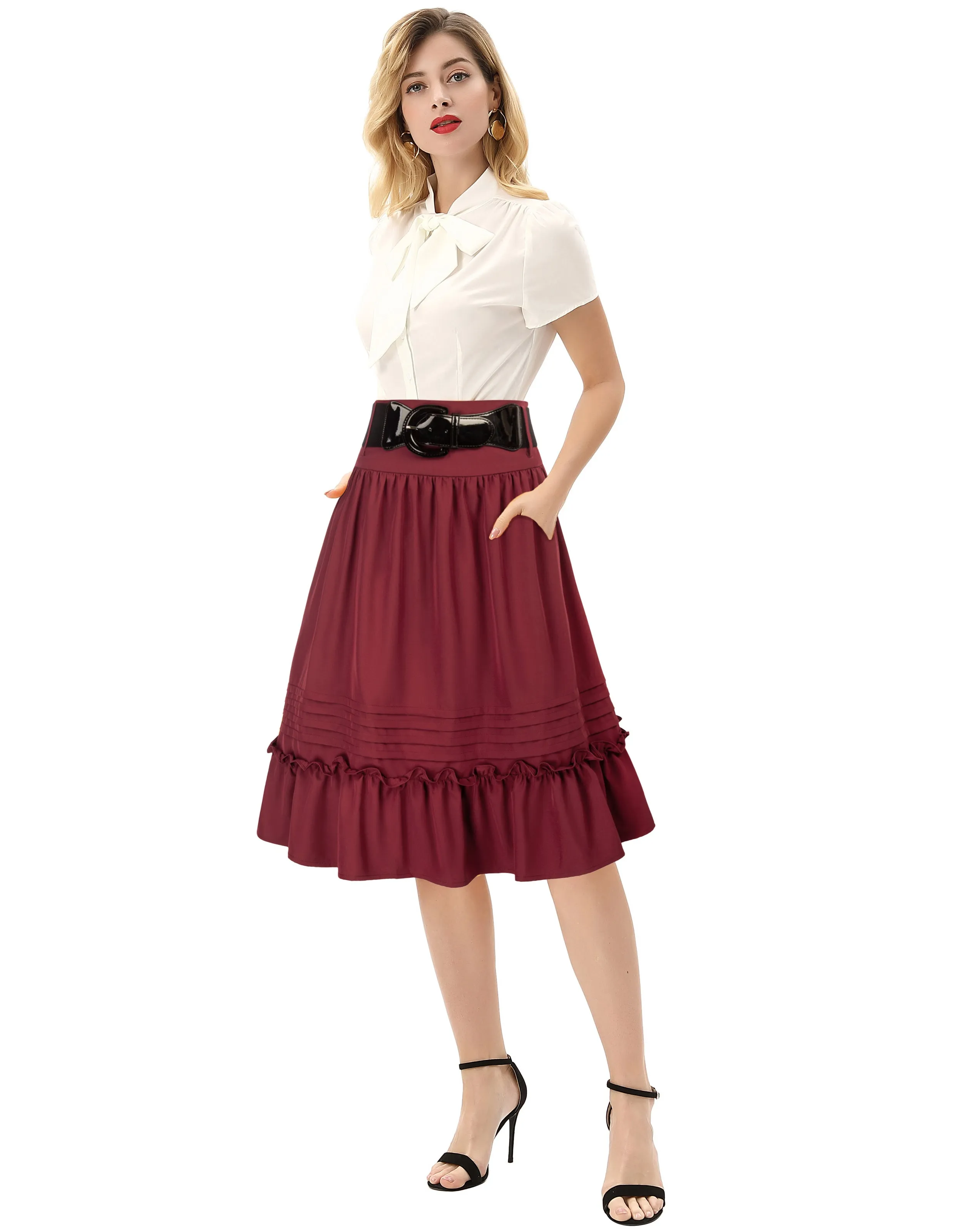 Seckill Offer⌛Belt Decorated Skirt Elastic High Waist Tiered  A-Line Skirt