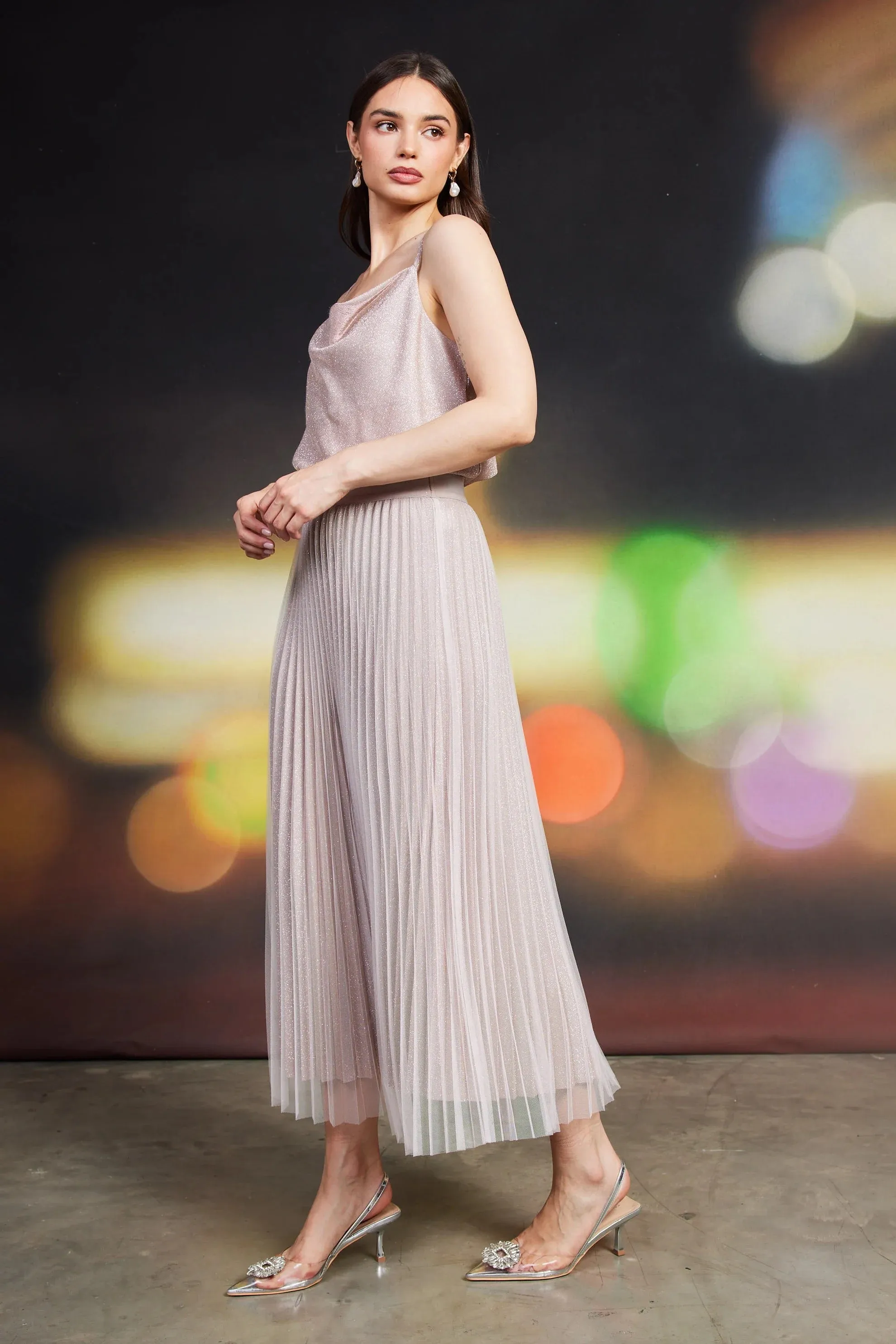 Shimmer Pleated Midi Skirt Blush