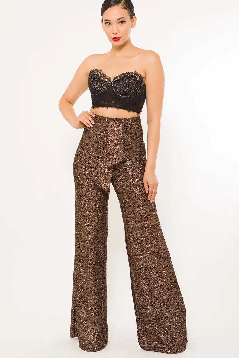 Shiny Paillette Pants with Adjustable Buckle Belt