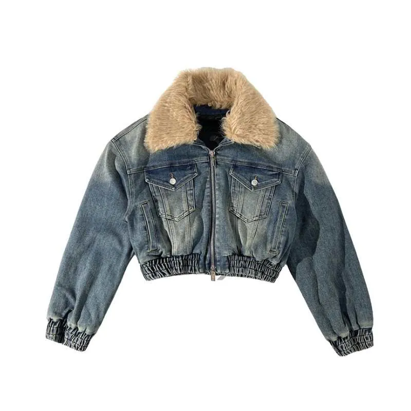 Short Denim Zipper Jacket Detachable Faux Fur Collar