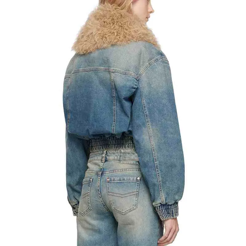 Short Denim Zipper Jacket Detachable Faux Fur Collar