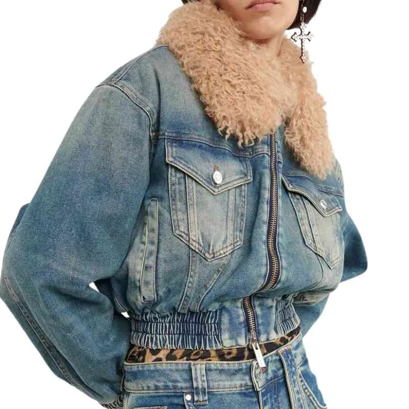 Short Denim Zipper Jacket Detachable Faux Fur Collar