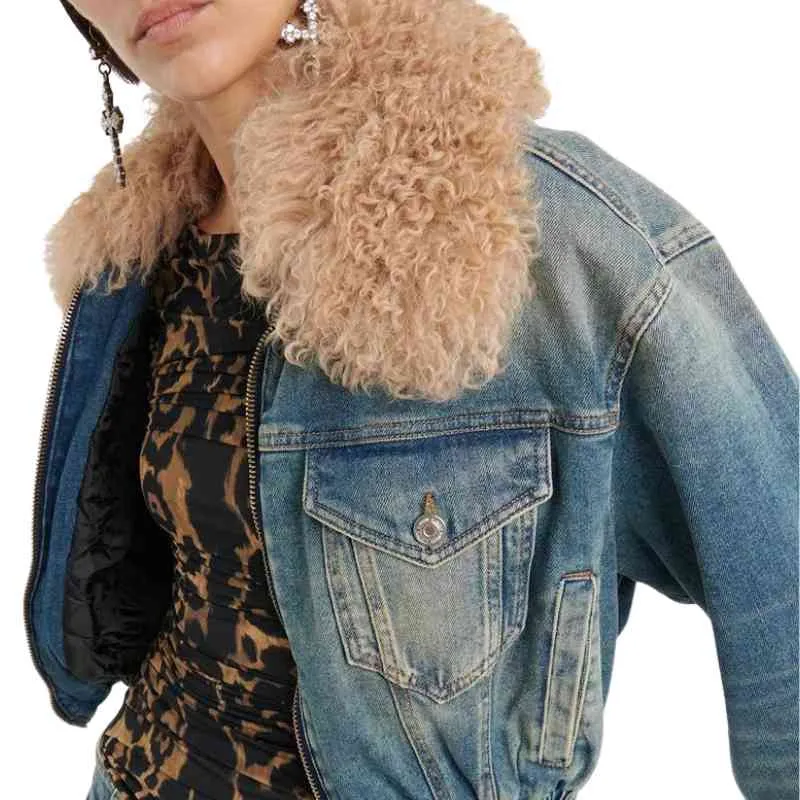 Short Denim Zipper Jacket Detachable Faux Fur Collar