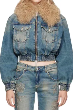 Short Denim Zipper Jacket Detachable Faux Fur Collar