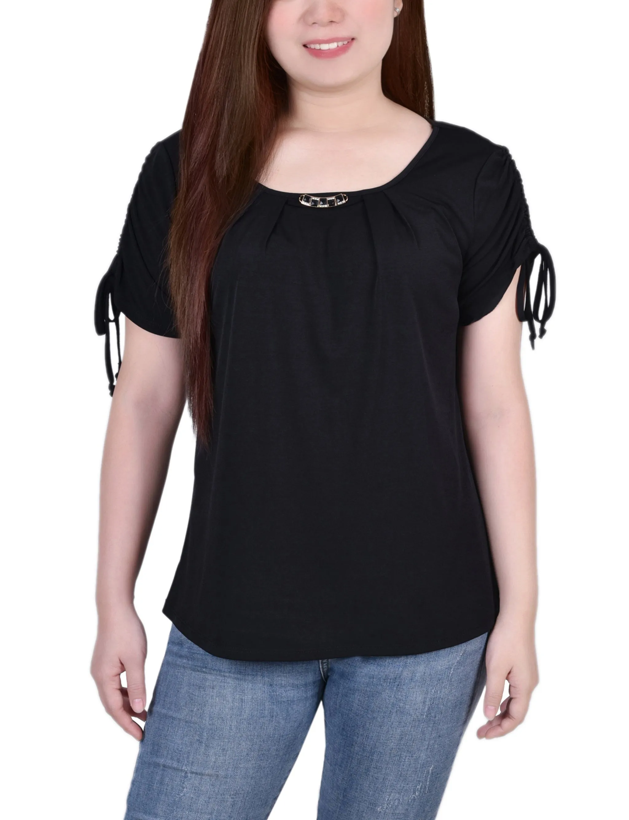 Short Ruched Sleeve Top With Pleats