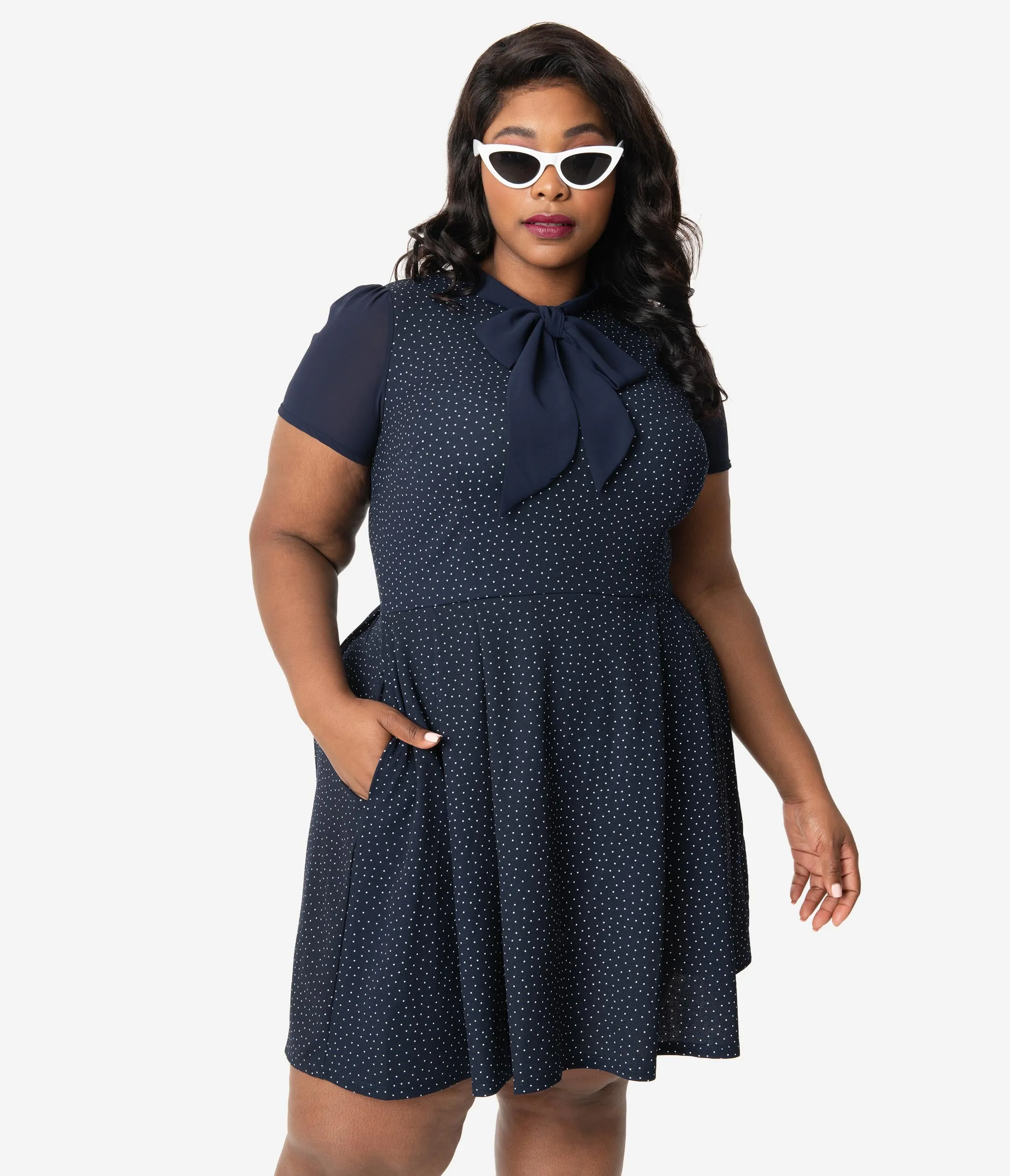 Smak Parlour Plus Size Navy & White Pin Dot Empower Hour Fit & Flare Dress