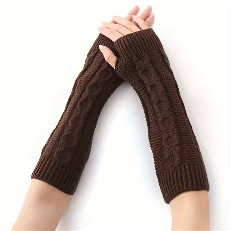 Solid Color Twist Knitted Gloves Long Fingerless Stretchy Sleeves With Thumb Hole Winter Outdoor Coldproof Warm Women's Gloves