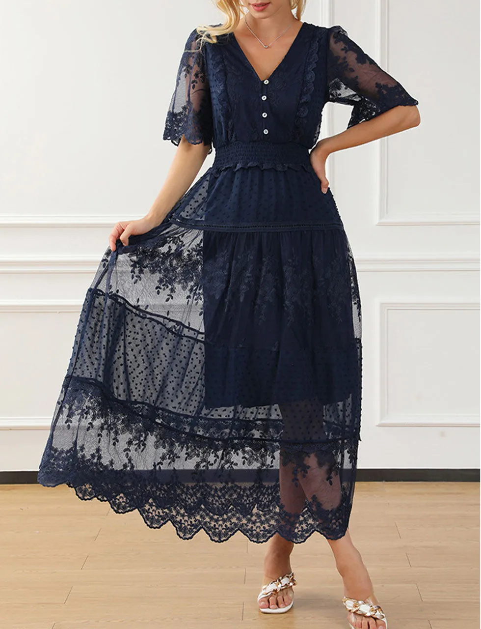 Solid Color V Neck Semi-Sheer Lace Short Sleeves Cut Out High Waist Maxi Boho Dress