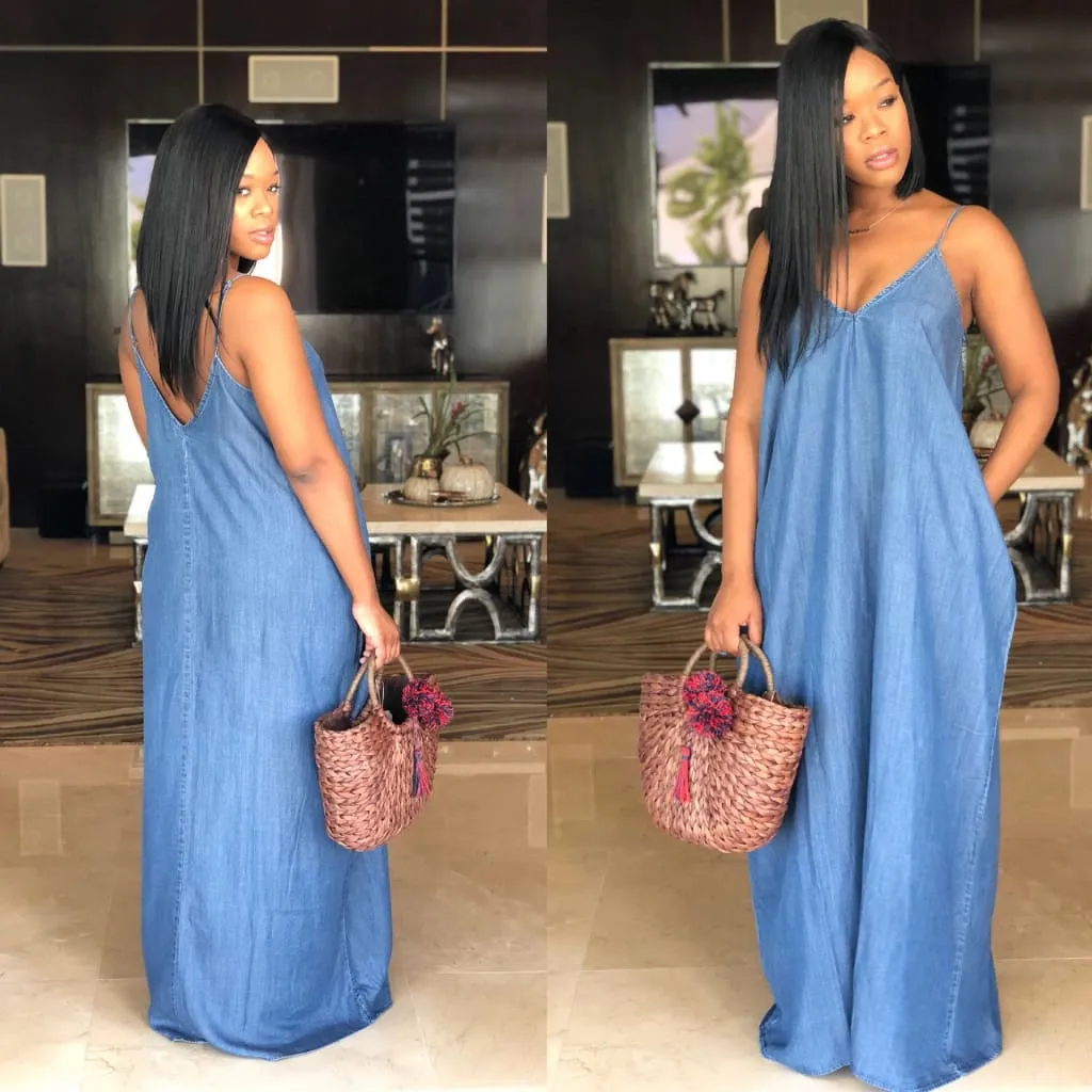 Solid V-Neck Maxi Denim Cami Long Dress