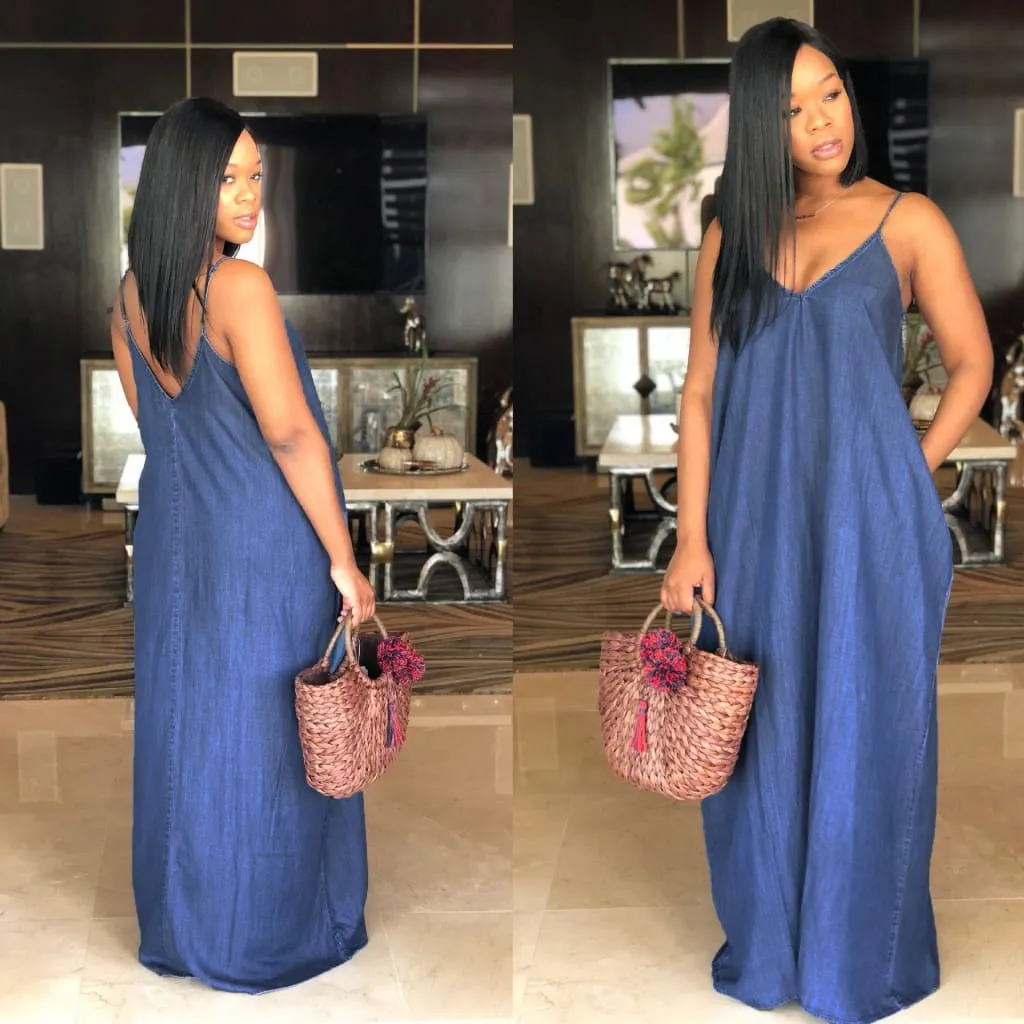 Solid V-Neck Maxi Denim Cami Long Dress